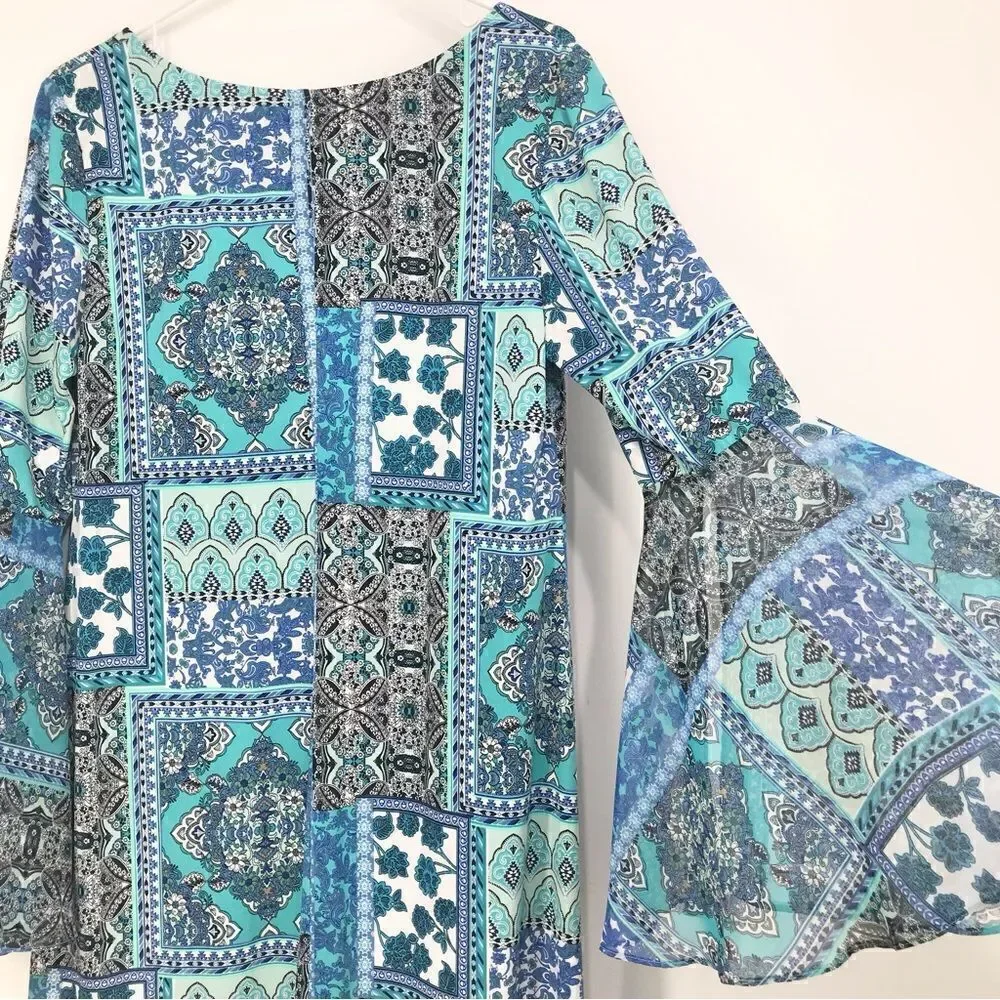 Ronni Nicole Blue Patchwork Floral Tapestry Print Bell Sleeve Sheath Dress